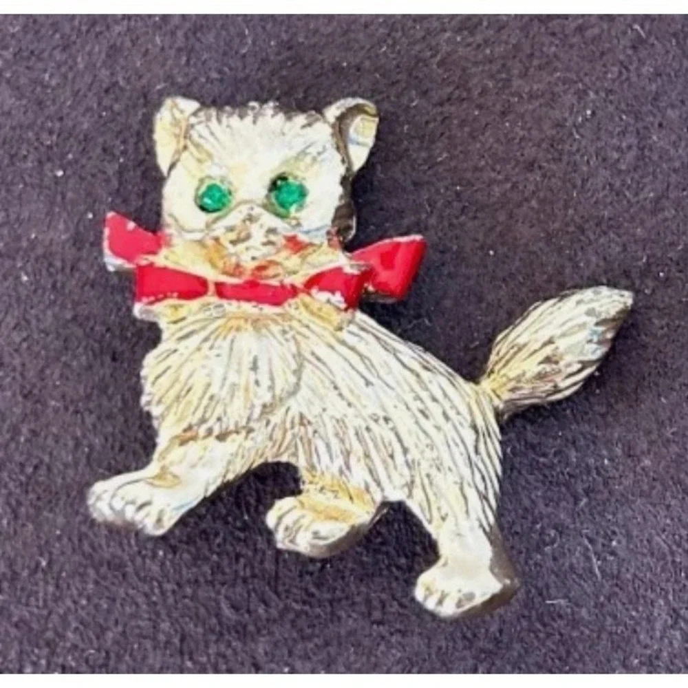 Vintage Mid-Century Cat Brooch Set 2 Rhinestone Pavé Sitting Cat Textured Gold